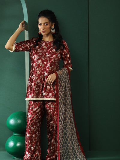 Maroon Floral Print Co-Ords Set With Dupatta