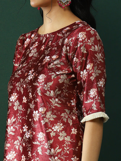 Maroon Floral Print Co-Ords Set With Dupatta