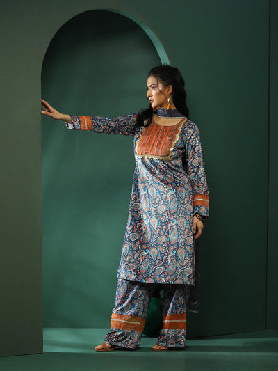 Blue Ethnic Motifs Kurta Palazzo With Lace Detailed Dupatta