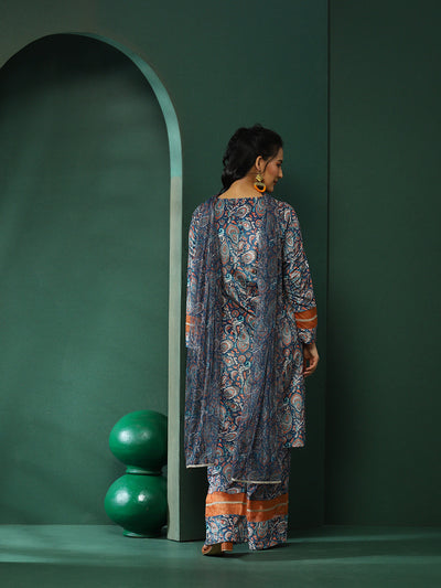 Blue Ethnic Motifs Kurta Palazzo With Lace Detailed Dupatta