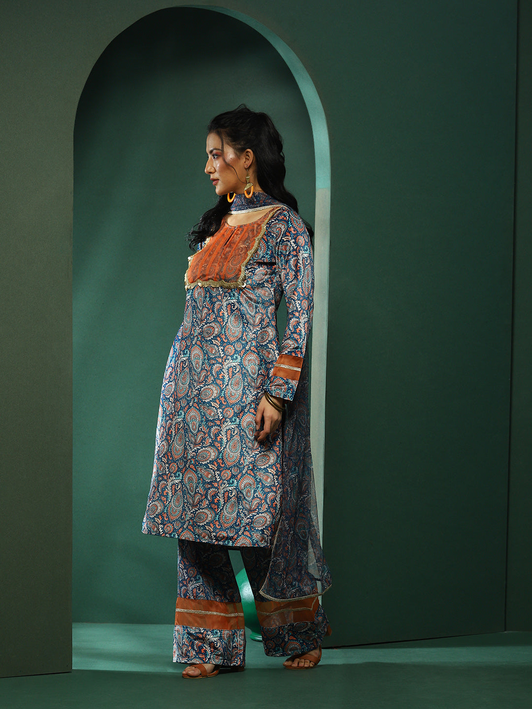 Blue Ethnic Motifs Kurta Palazzo With Lace Detailed Dupatta