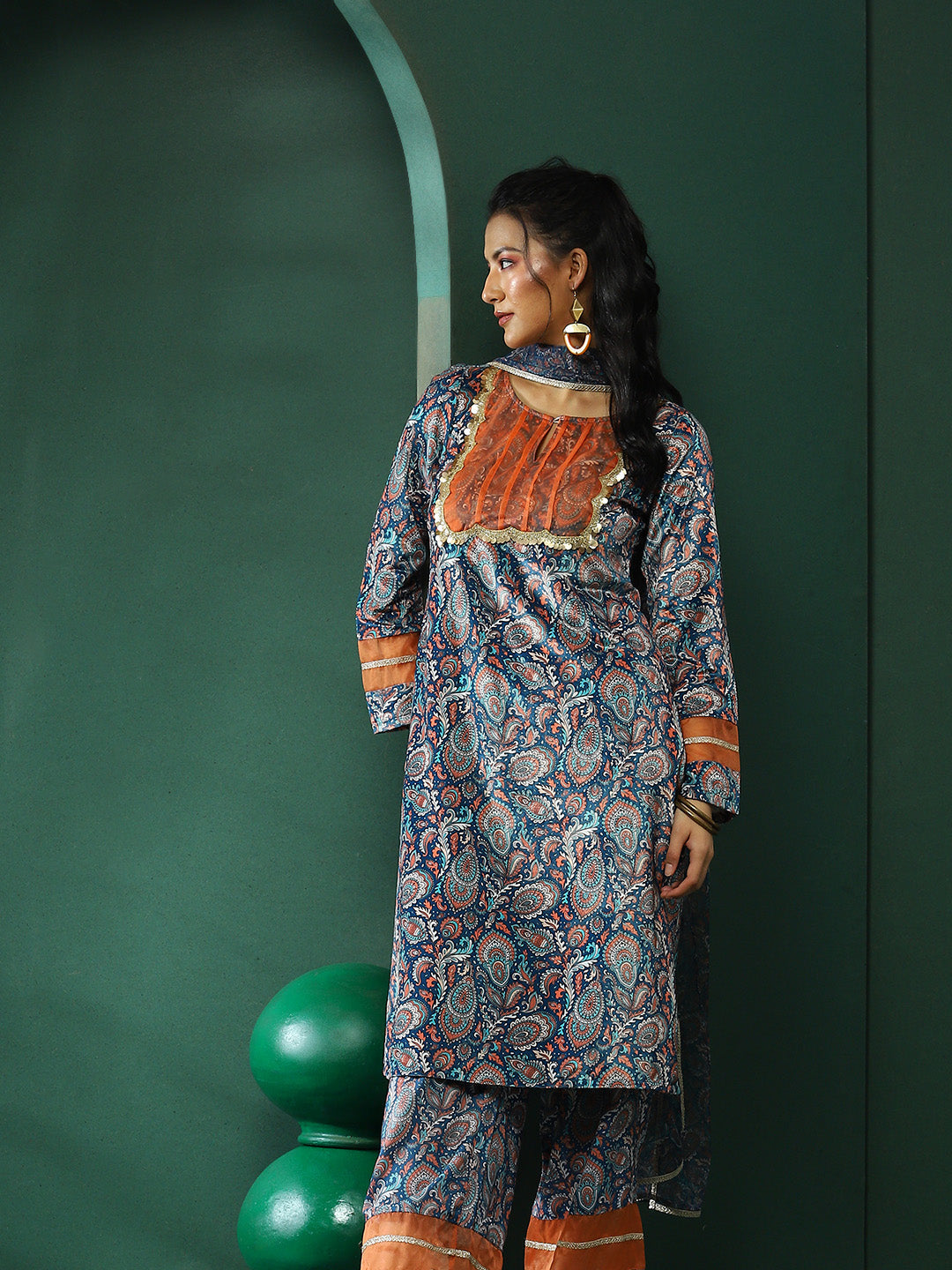 Blue Ethnic Motifs Kurta Palazzo With Lace Detailed Dupatta