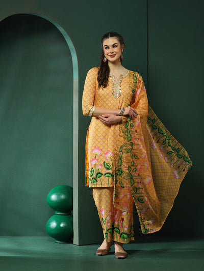 Yellow Pichwai Print Kurta Palazzo With Dupatta