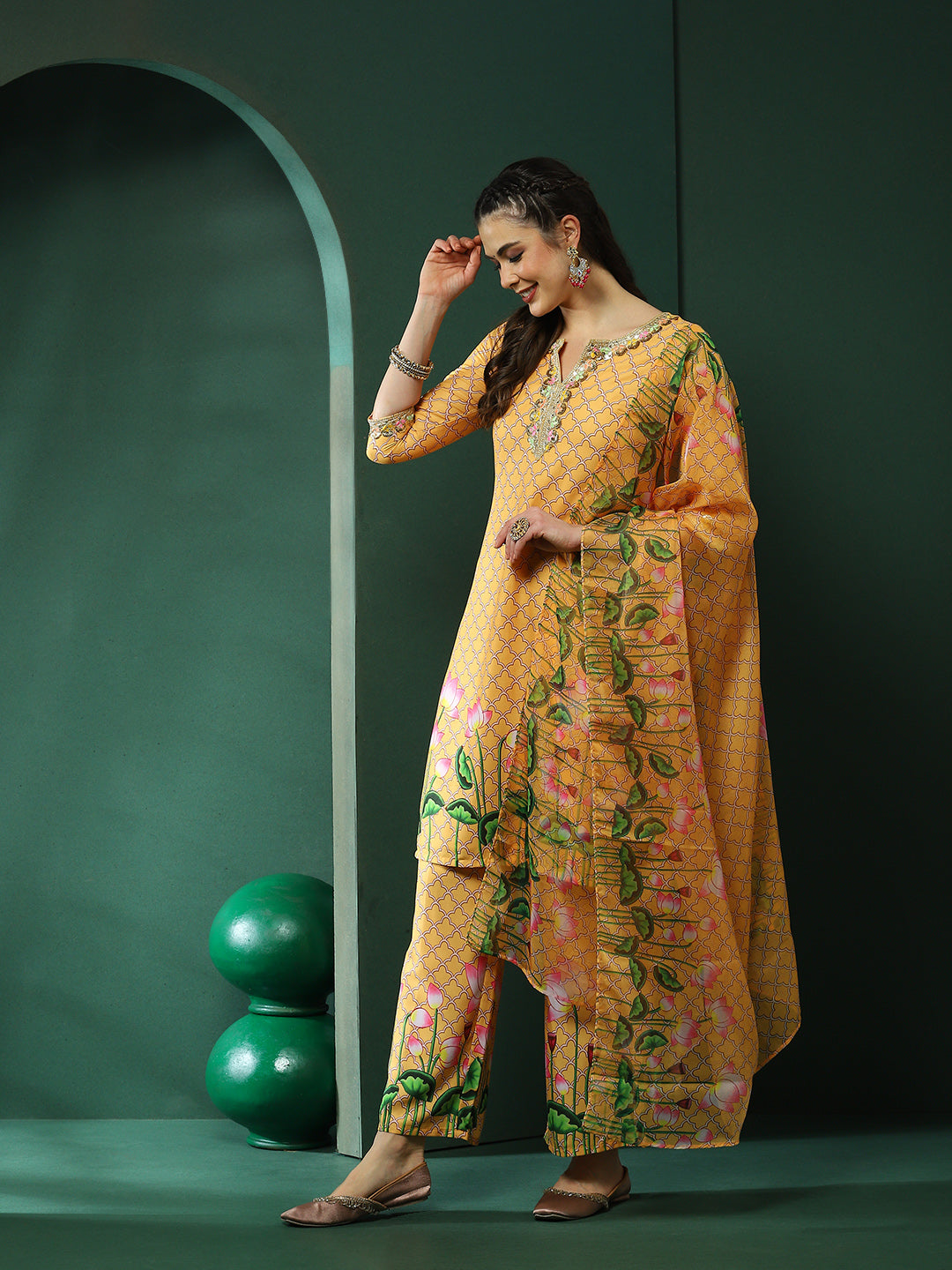 Yellow Pichwai Print Kurta Palazzo With Dupatta