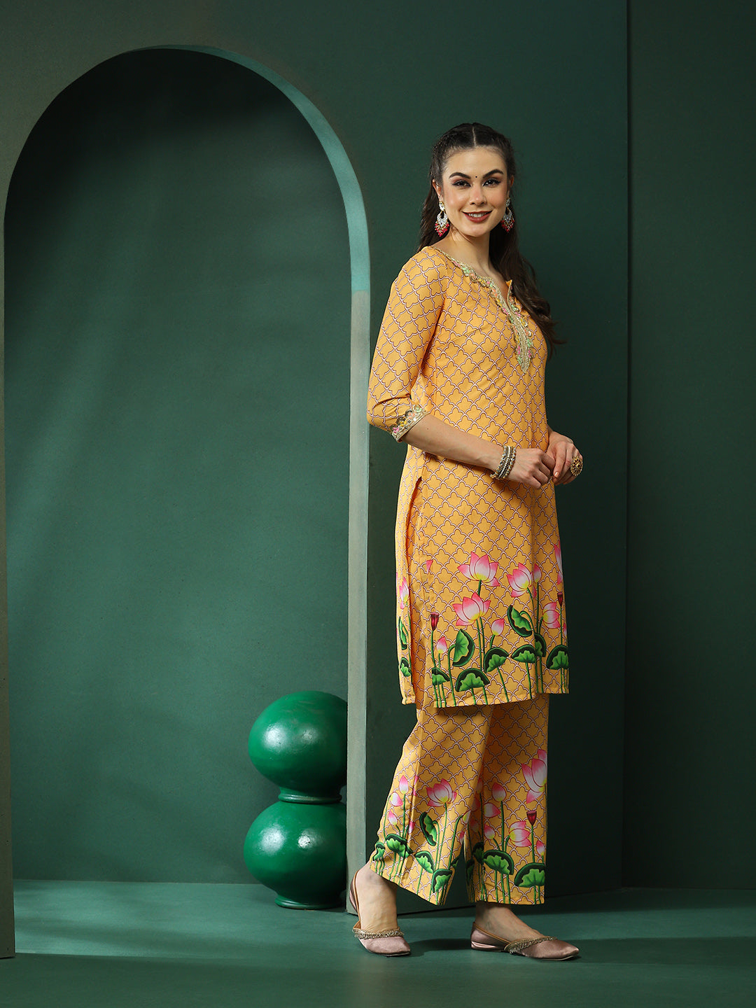 Yellow Pichwai Print Kurta Palazzo With Dupatta