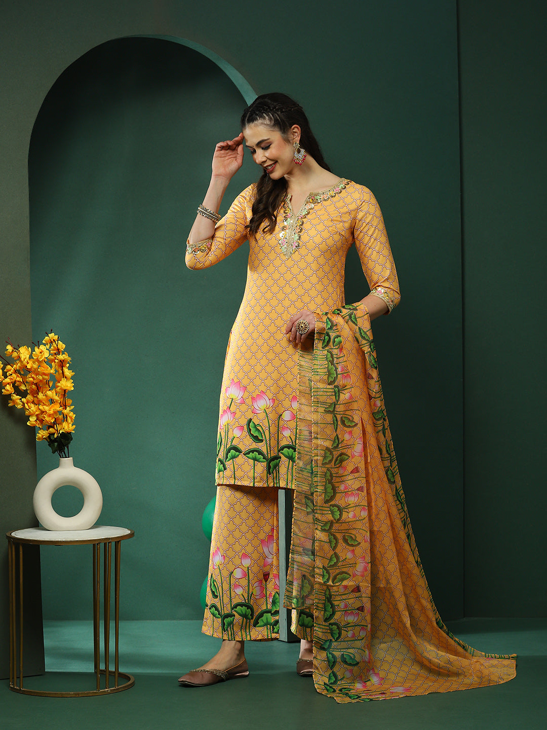 Yellow Pichwai Print Kurta Palazzo With Dupatta