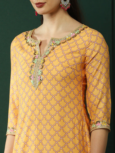 Yellow Pichwai Print Kurta Palazzo With Dupatta