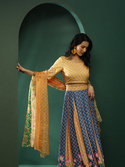 Yellow & Blue Pichwai Print Lehenga Choli With Dupatta