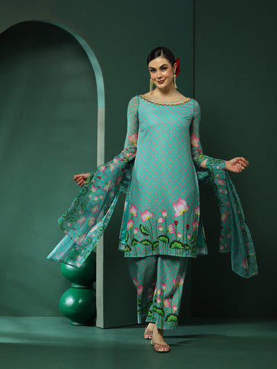 Green Pichwai Printed Kurta Palazzo With Dupatta