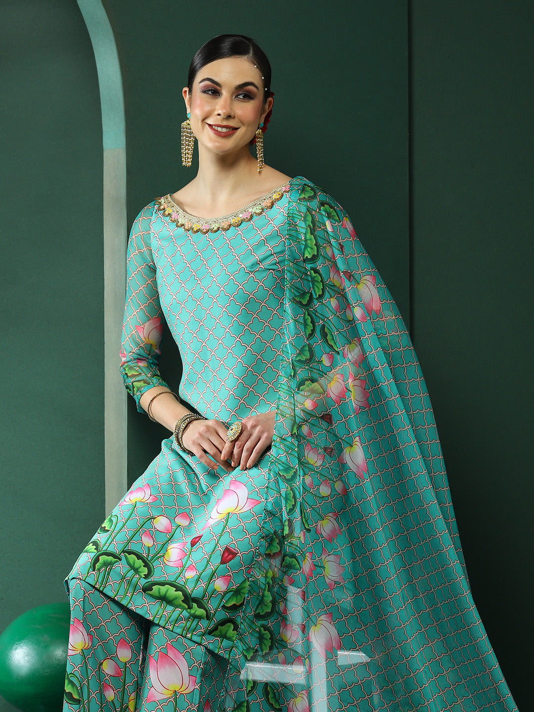 Green Pichwai Printed Kurta Palazzo With Dupatta