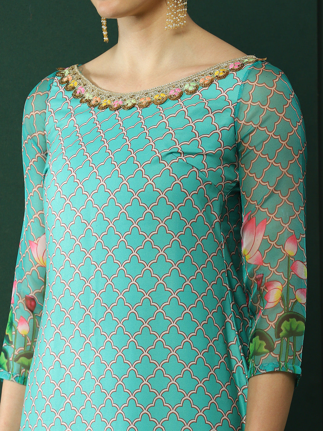 Green Pichwai Printed Kurta Palazzo With Dupatta