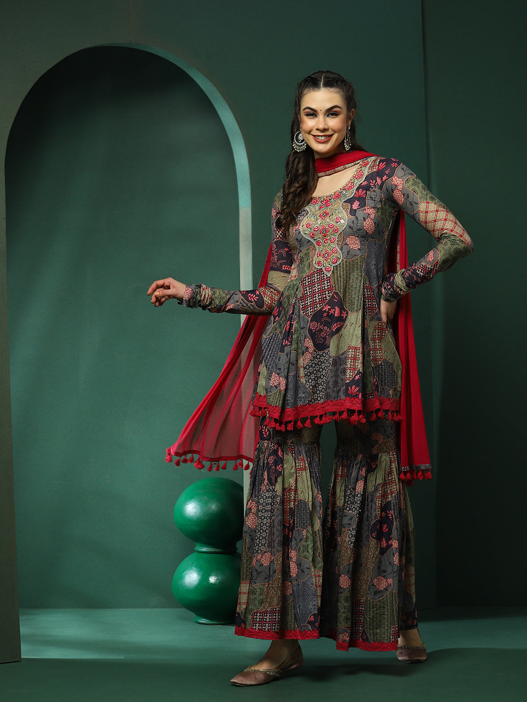 Floral Print Kurta Sharara With Dupatta