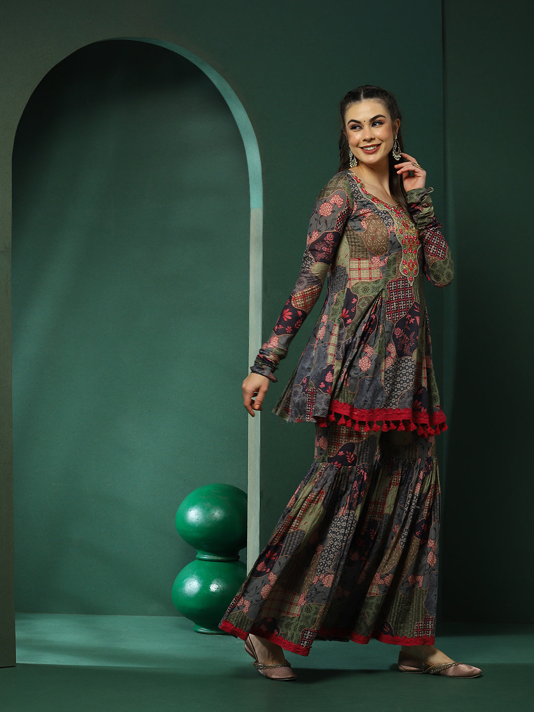 Floral Print Kurta Sharara With Dupatta