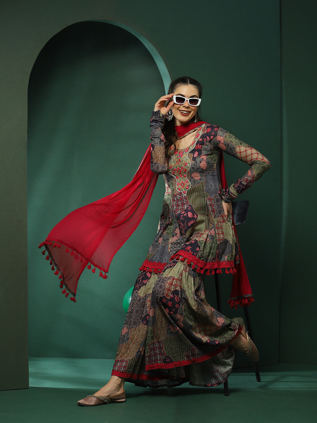 Floral Print Kurta Sharara With Dupatta