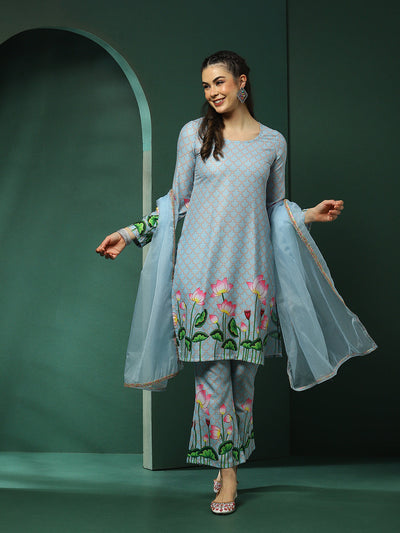 Blue Pichwai Print Kurta Palazzo With Dupatta