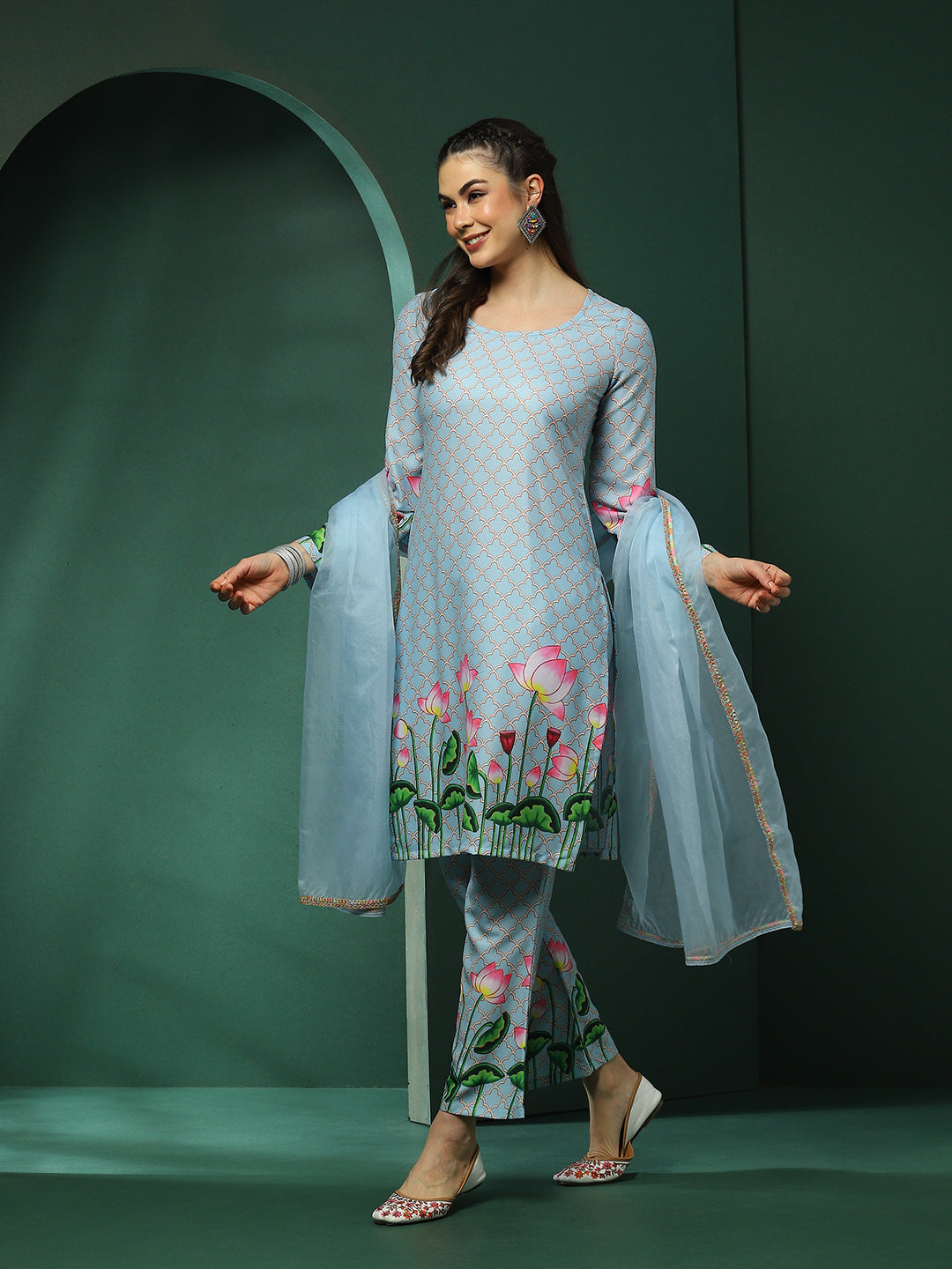 Blue Pichwai Print Kurta Palazzo With Dupatta