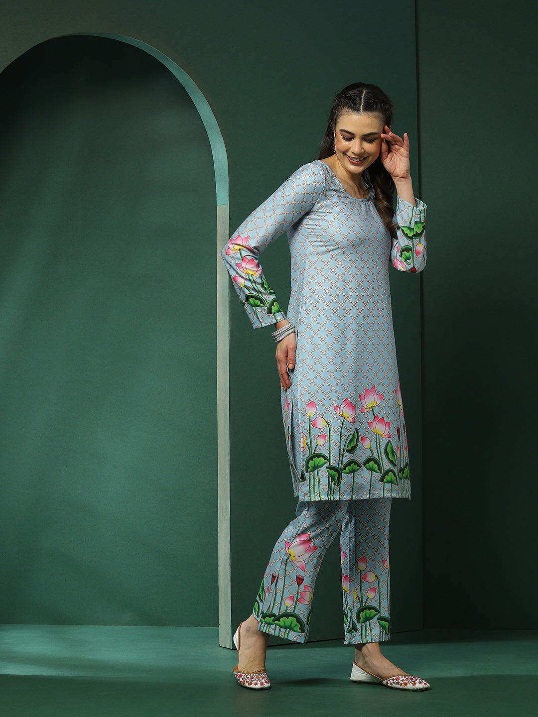 Blue Pichwai Print Kurta Palazzo With Dupatta