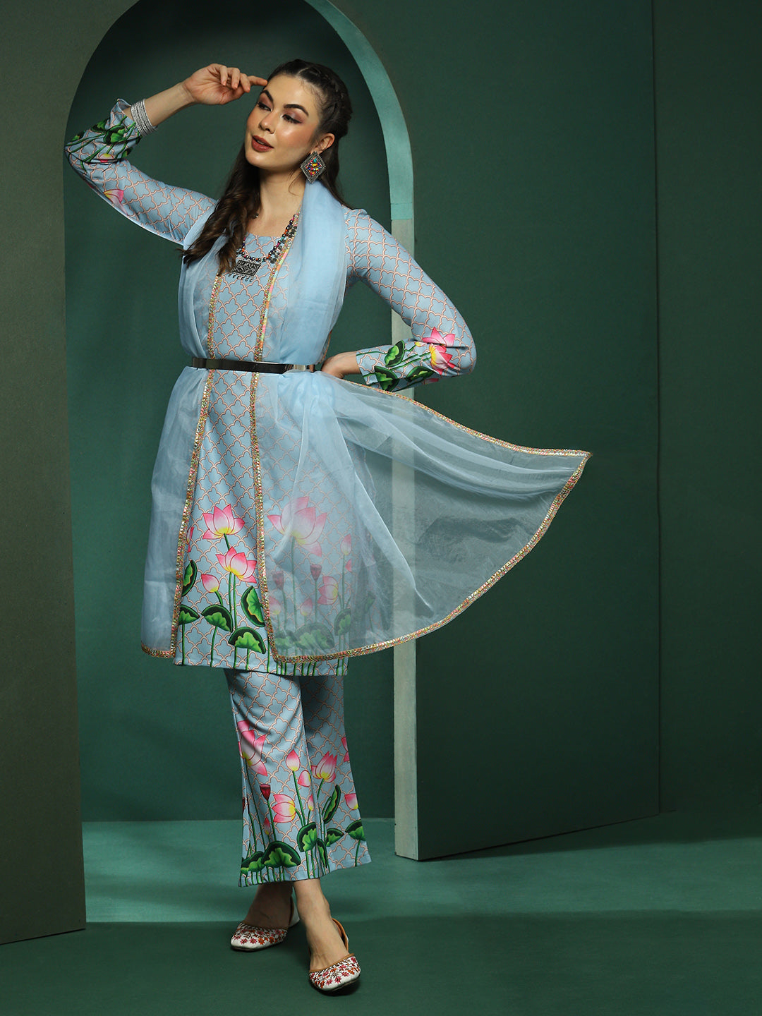 Blue Pichwai Print Kurta Palazzo With Dupatta