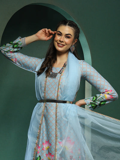 Blue Pichwai Print Kurta Palazzo With Dupatta