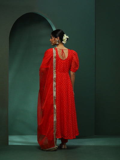 Red Bandhani Print Anarkali Pant With Lace Detailed Dupatta