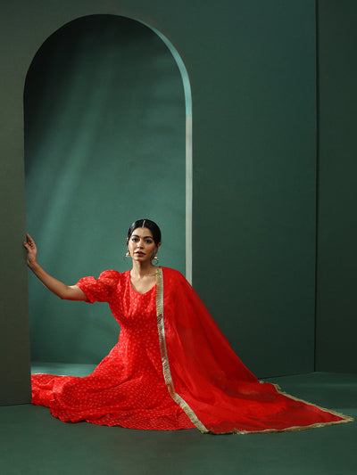 Red Bandhani Print Anarkali Pant With Lace Detailed Dupatta