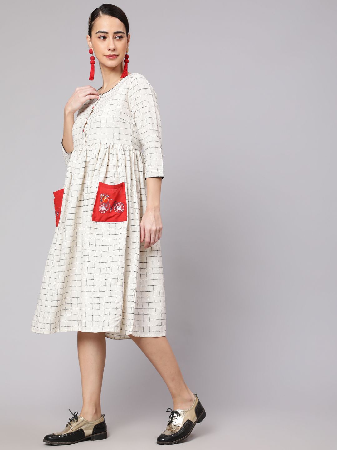 White Checked Dress With Embroidered Pockets