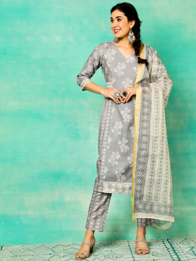 Grey Floral Print Kurta Pant With Dupatta