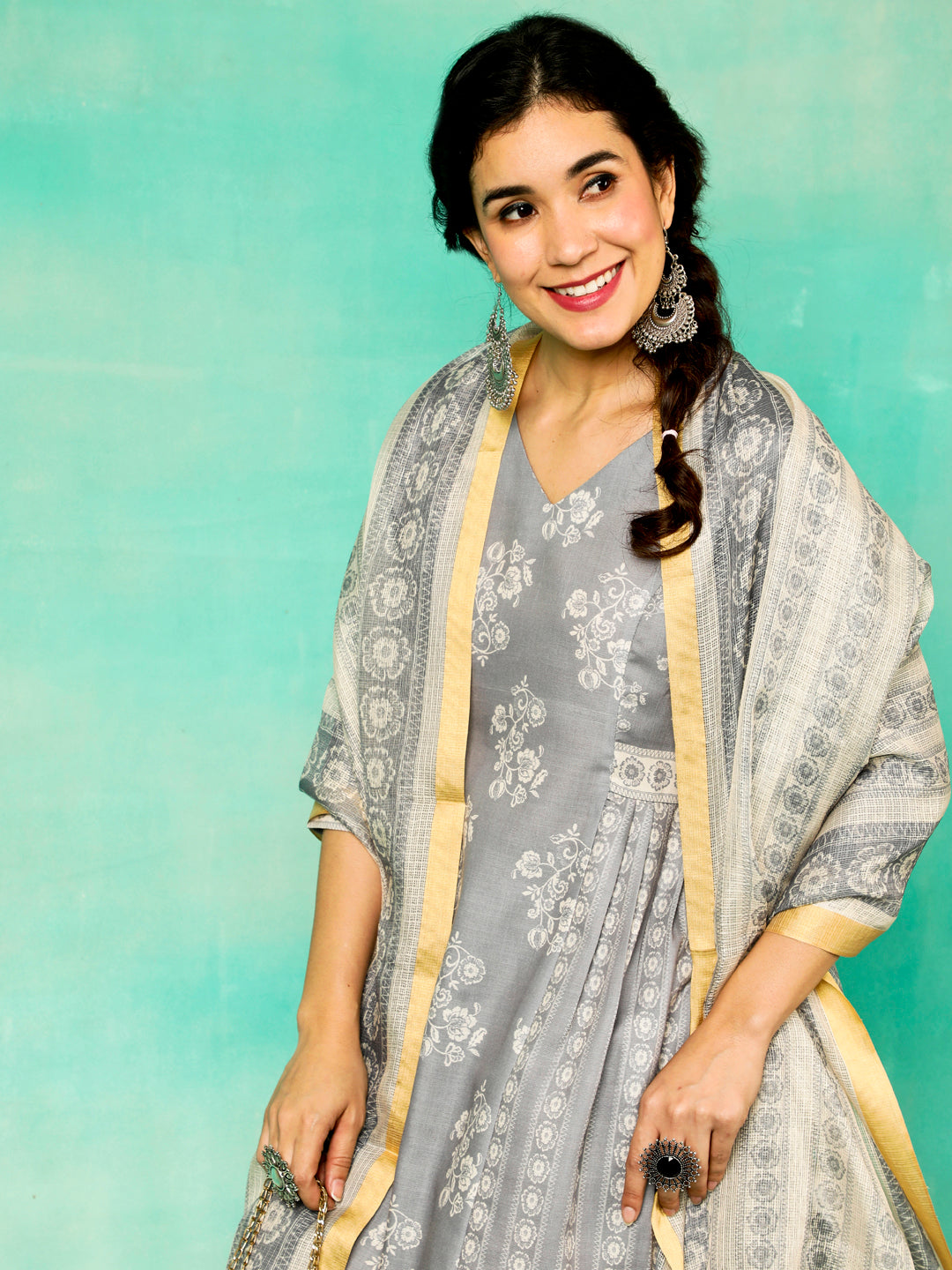 Grey Floral Print Kurta Pant With Dupatta