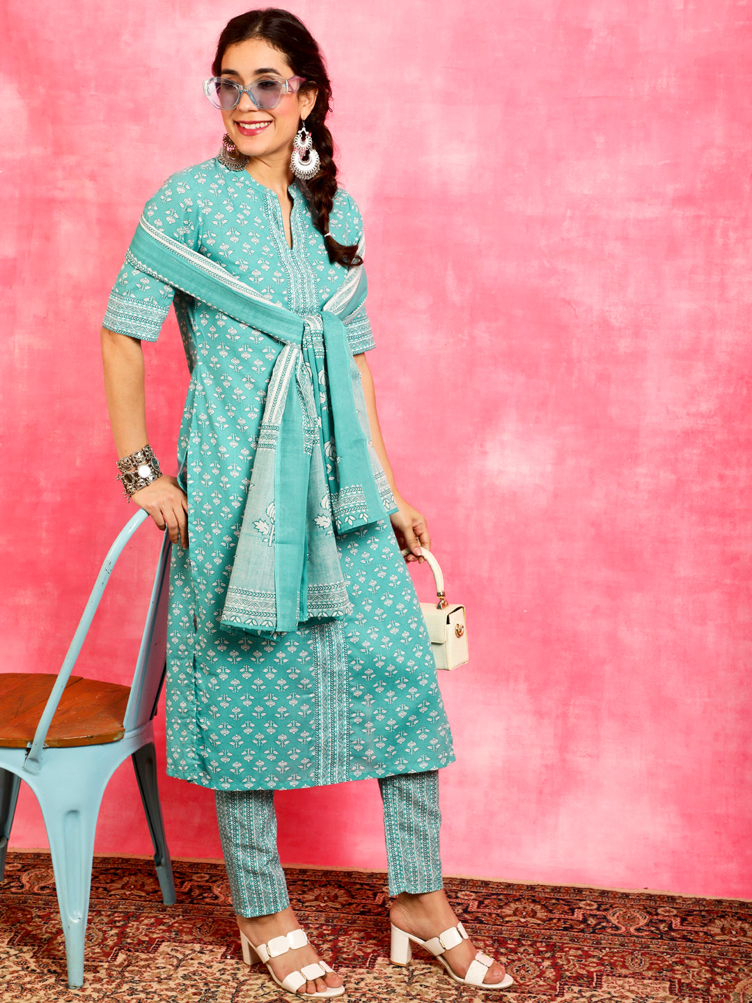 Blue Ethnic Motifs Kurta Pant With Dupatta