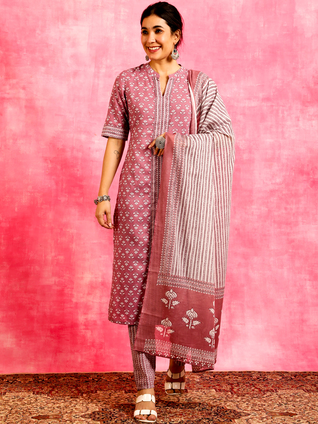 Pink Ethnic Motifs Kurta Pant With Dupatta