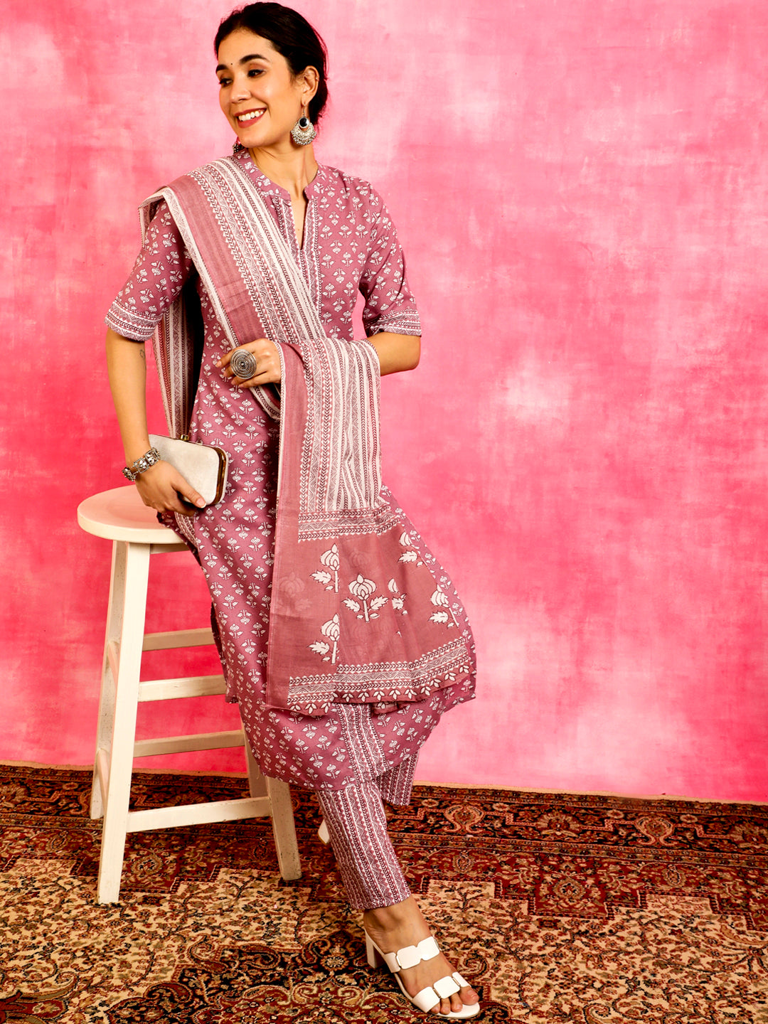 Pink Ethnic Motifs Kurta Pant With Dupatta