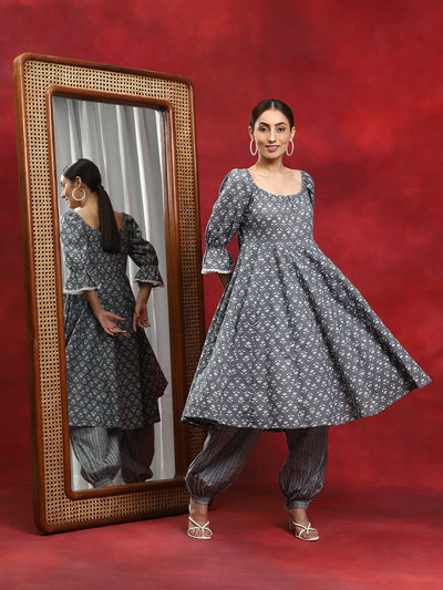 Grey Ethnic Motifs Anarkali With Afghani Salwar