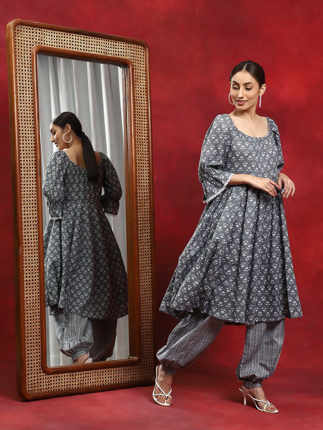 Grey Ethnic Motifs Anarkali With Afghani Salwar