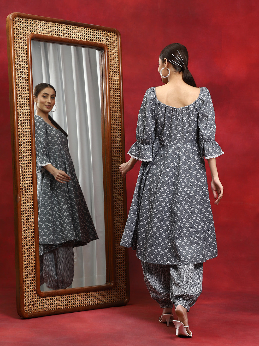 Grey Ethnic Motifs Anarkali With Afghani Salwar