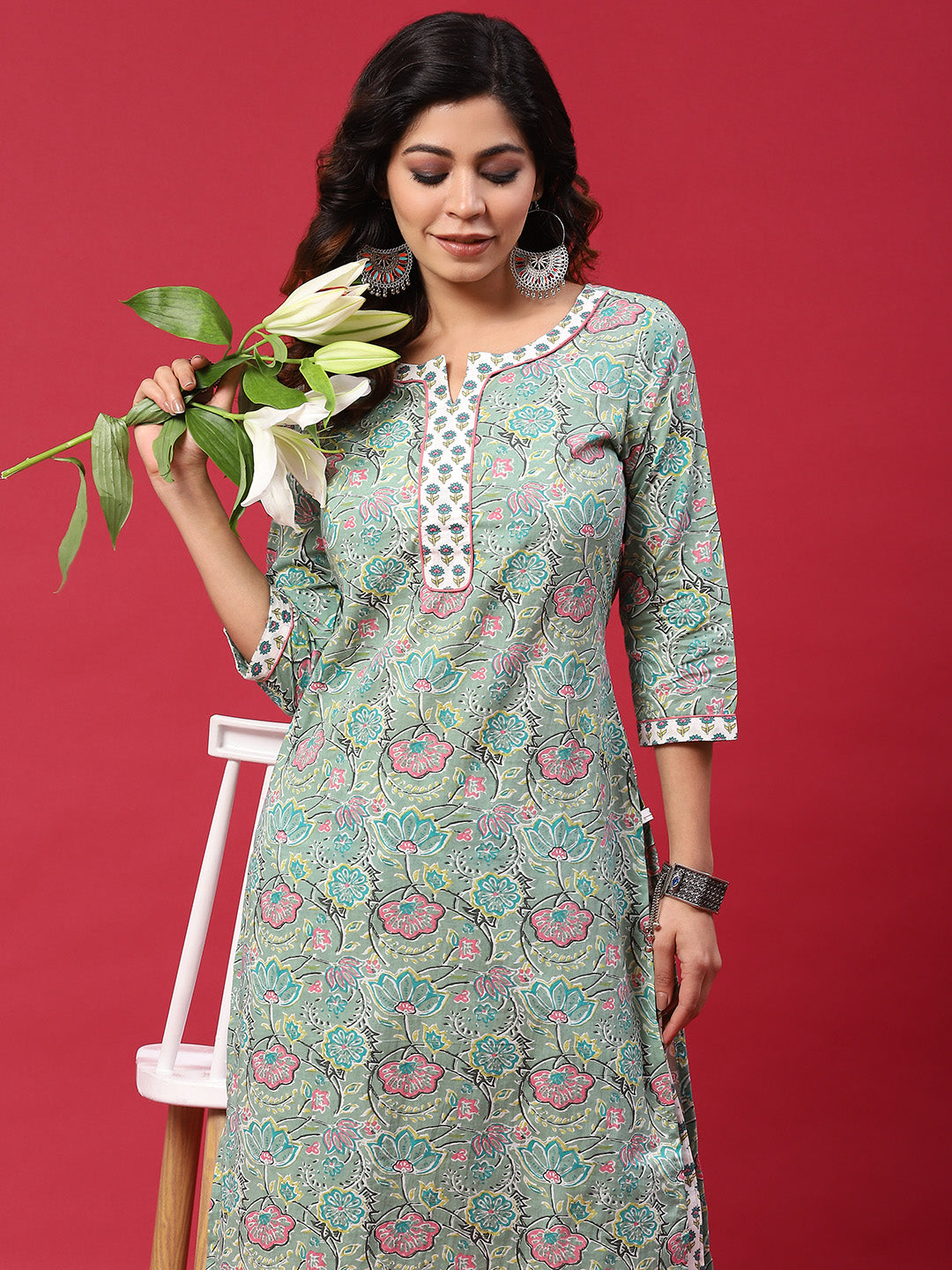 Green & White Floral Print Kurta With Palazzo