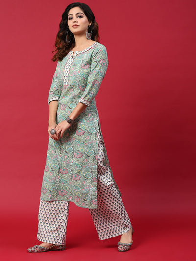 Green & White Floral Print Kurta With Palazzo