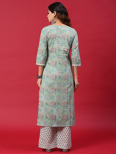 Green & White Floral Print Kurta With Palazzo