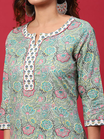 Green & White Floral Print Kurta With Palazzo