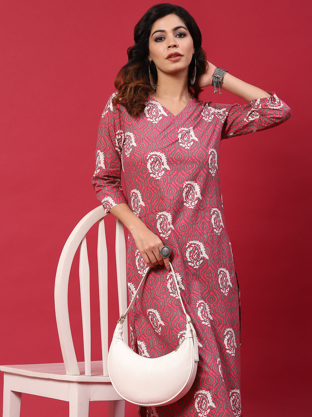 Pink & Grey Printed Kurta With Balloon Palazzo