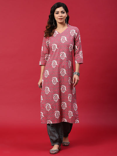 Pink & Grey Printed Kurta With Balloon Palazzo