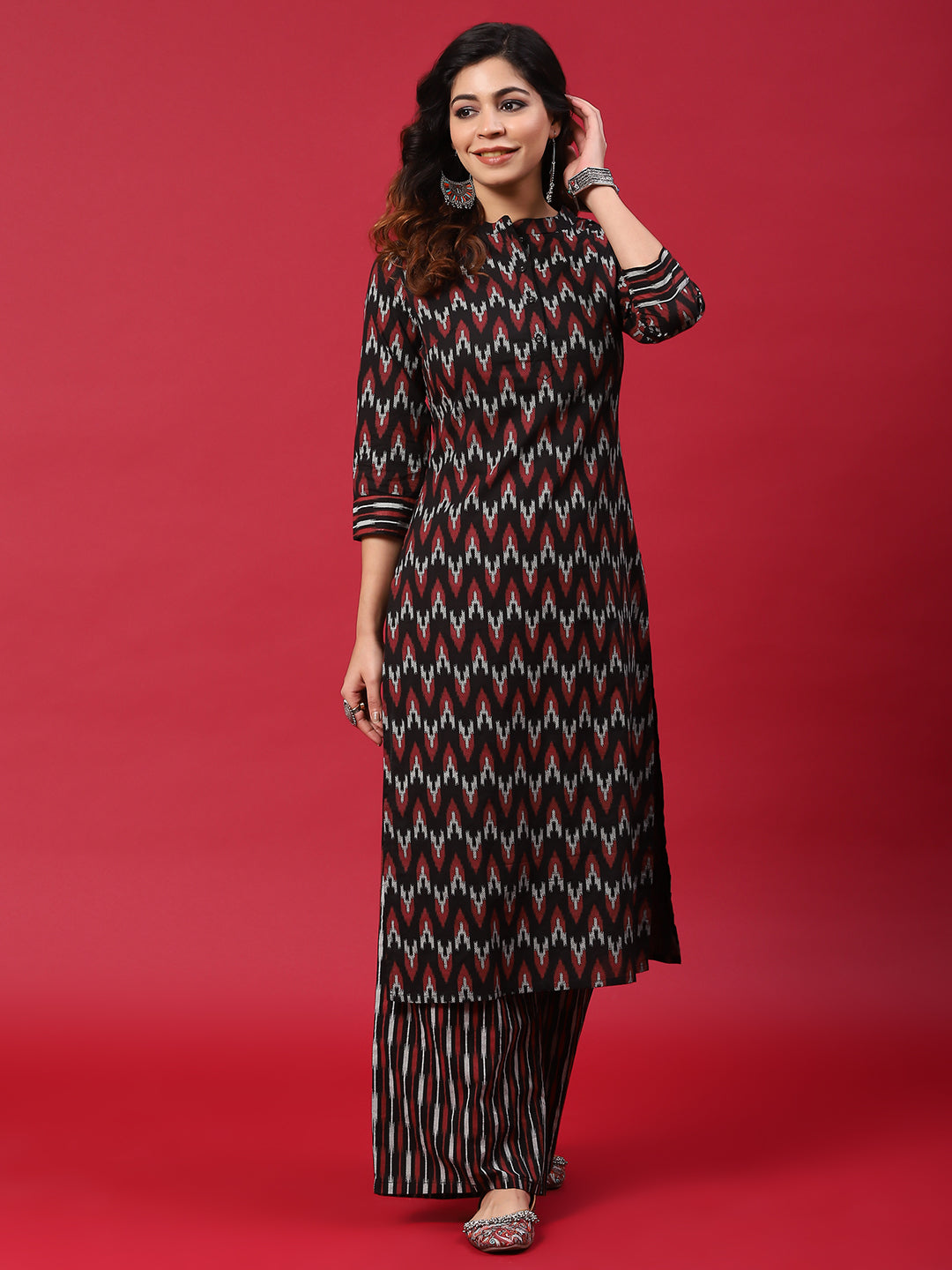 Black & Red Chevron Print Kurta With Palazzo