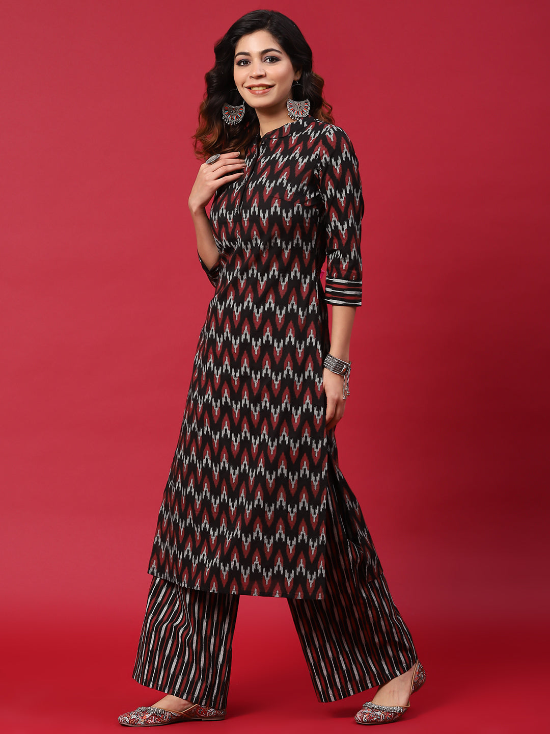 Black & Red Chevron Print Kurta With Palazzo