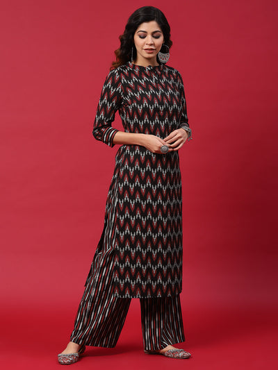 Black & Red Chevron Print Kurta With Palazzo