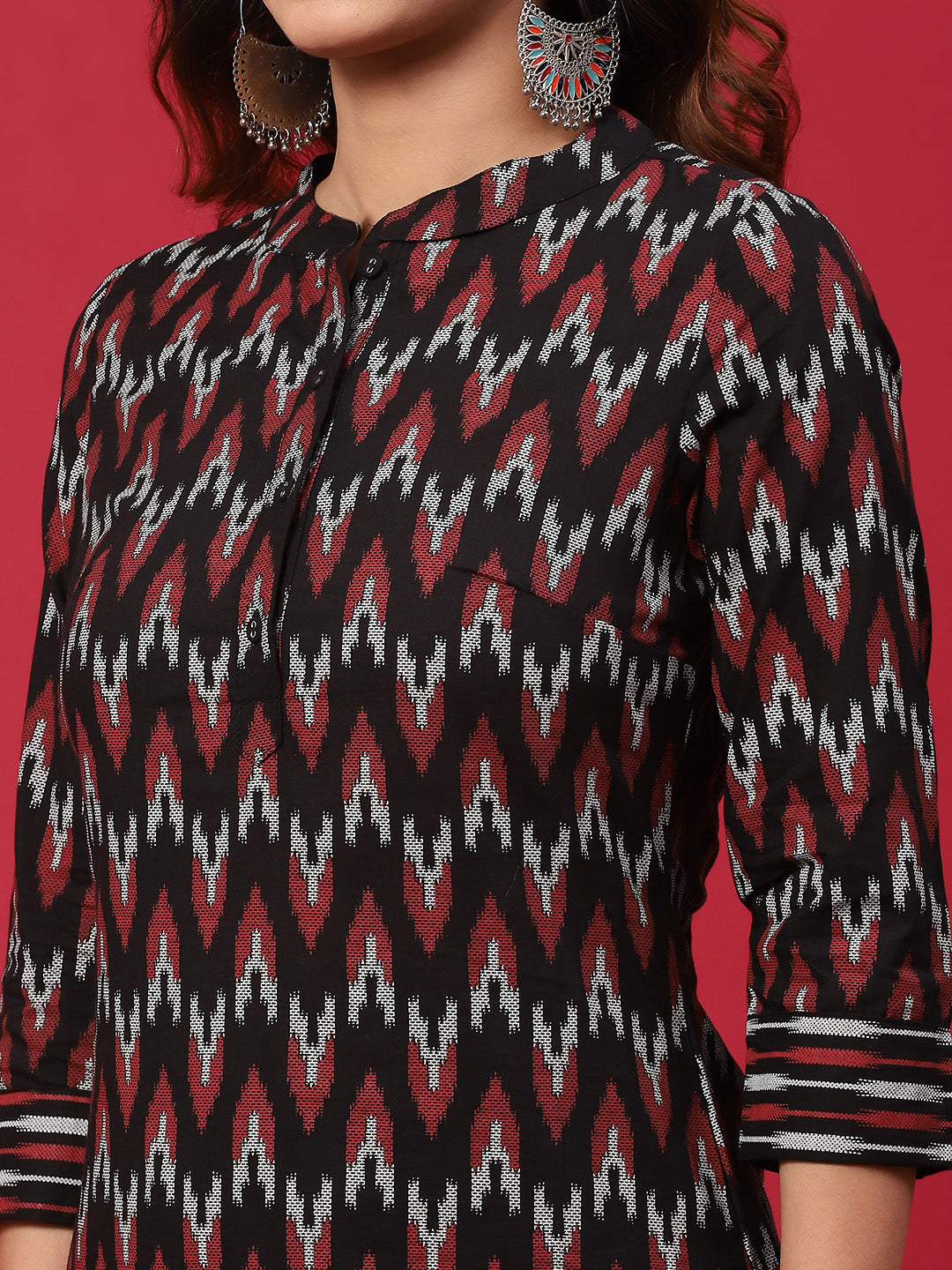 Black & Red Chevron Print Kurta With Palazzo