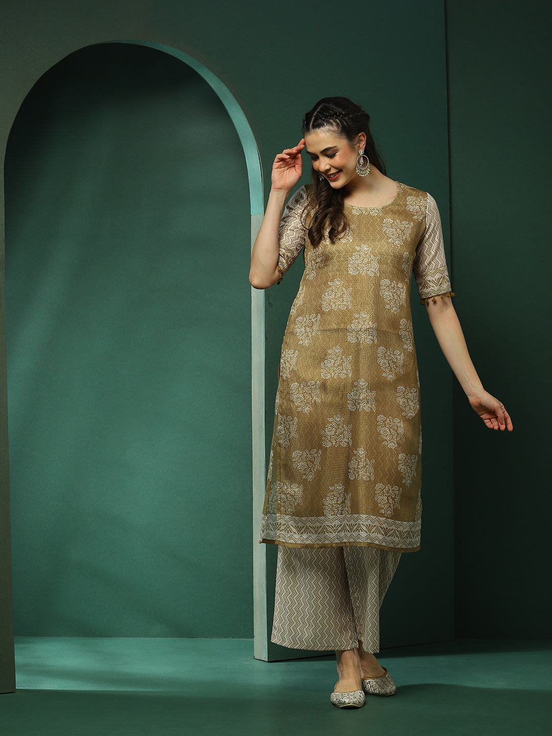 Green Floral Print Kurta With Palazzo