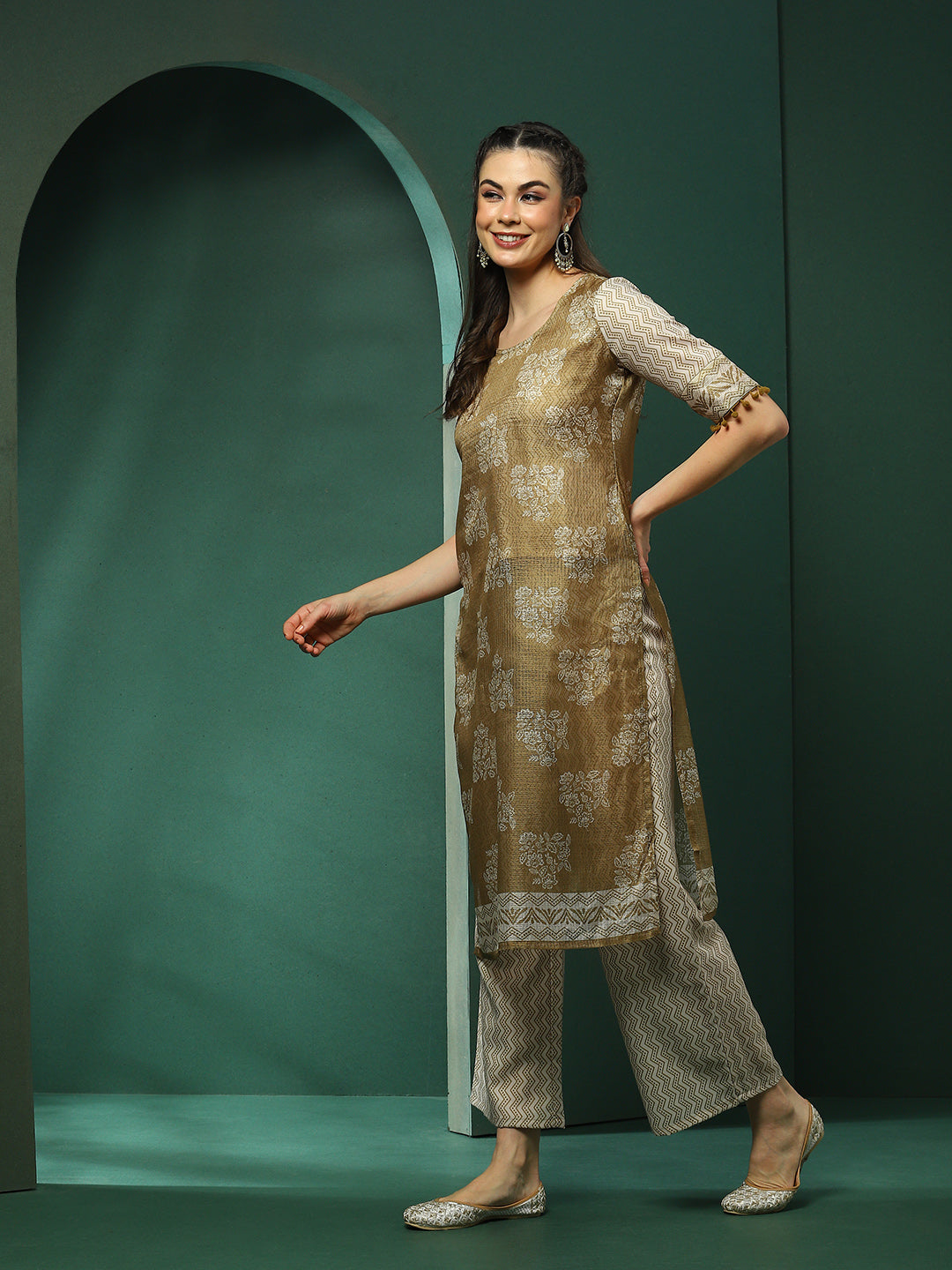 Green Floral Print Kurta With Palazzo