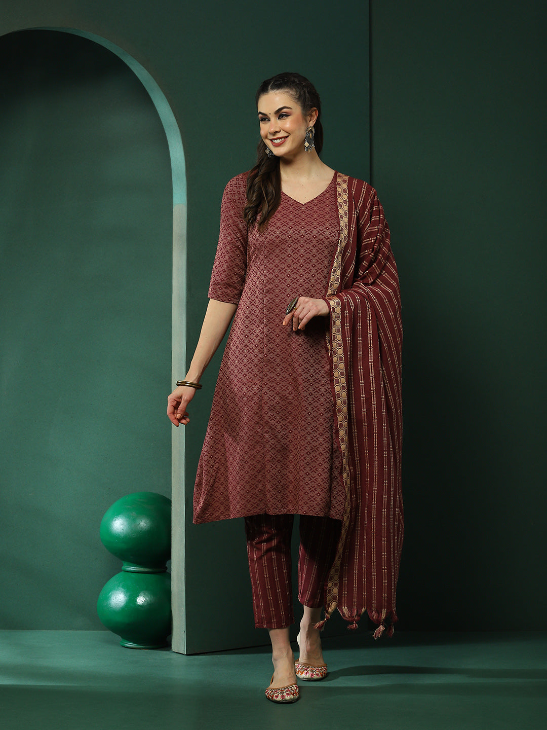 Maroon Printed A-Line Kurta Pant With Striped Dupatta