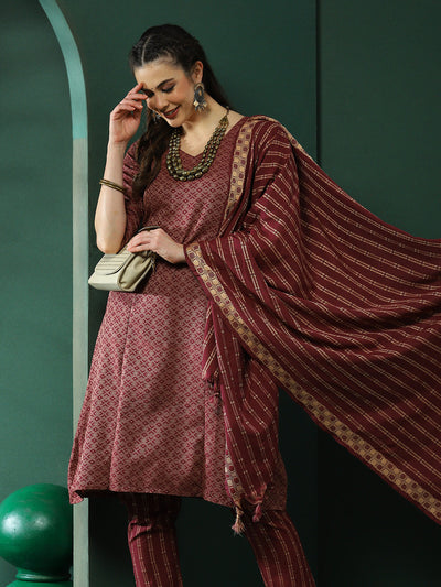 Maroon Printed A-Line Kurta Pant With Striped Dupatta