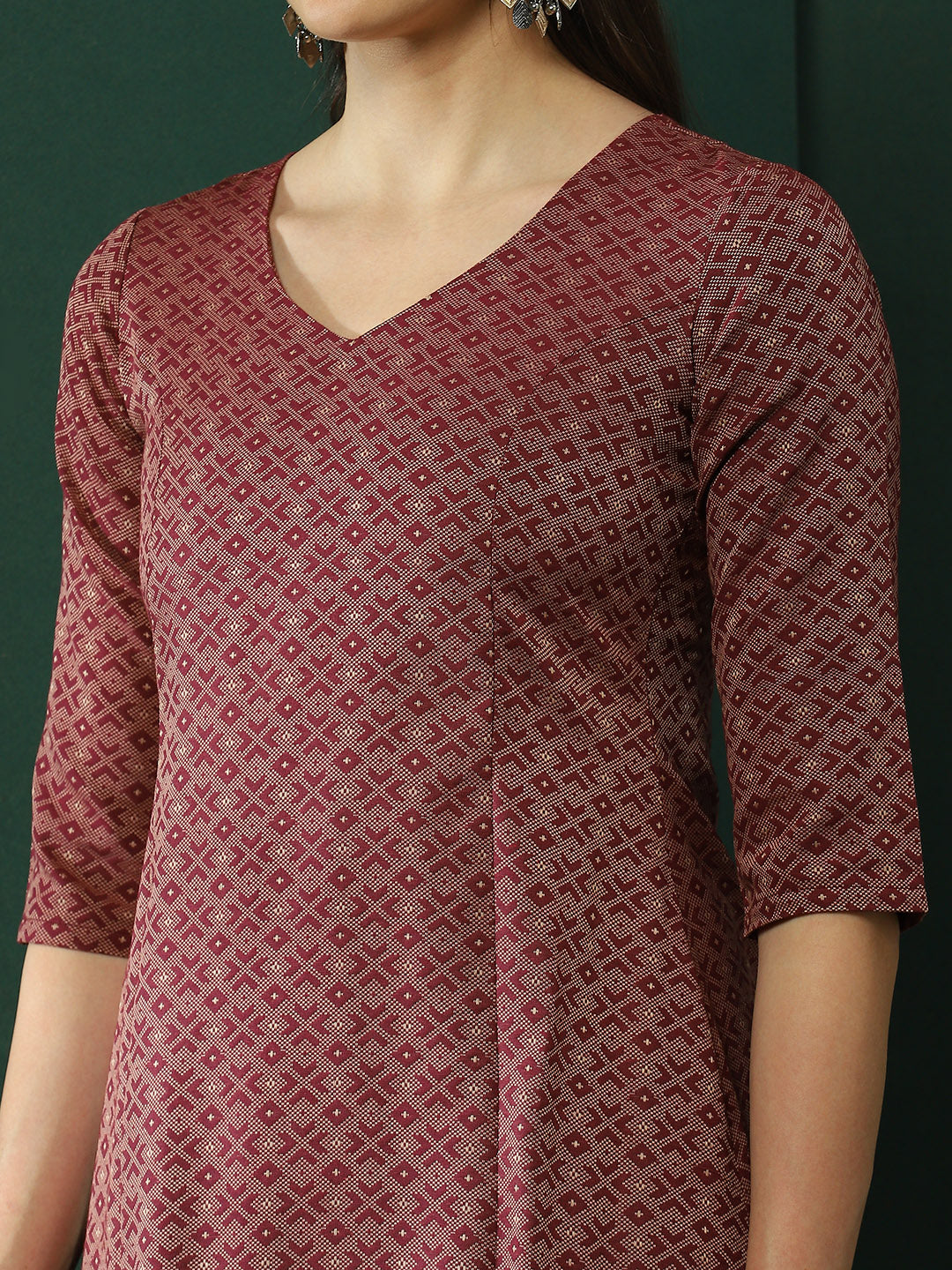 Maroon Printed A-Line Kurta Pant With Striped Dupatta