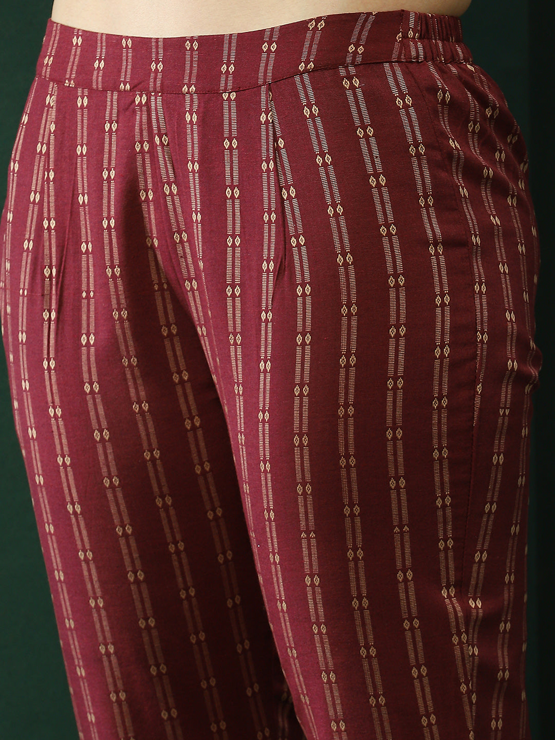 Maroon Printed A-Line Kurta Pant With Striped Dupatta